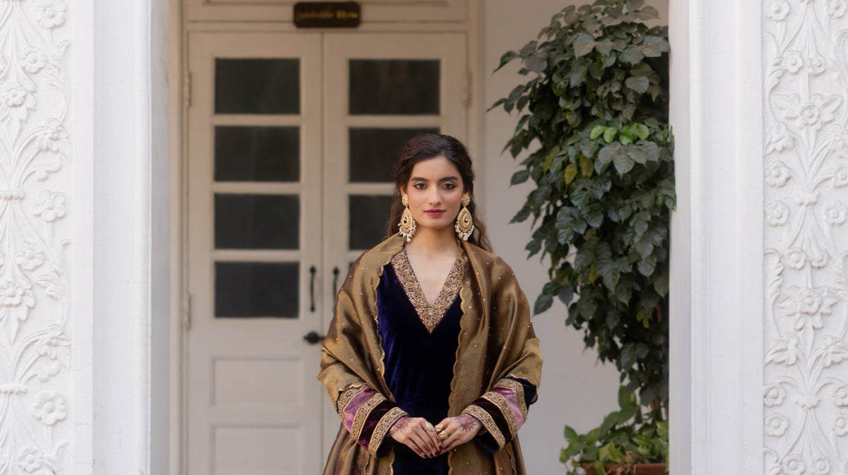 Fariha royal blue velvet silk kurta set with garnet tissue dupatta from the Mimamsaa Rumi Edit