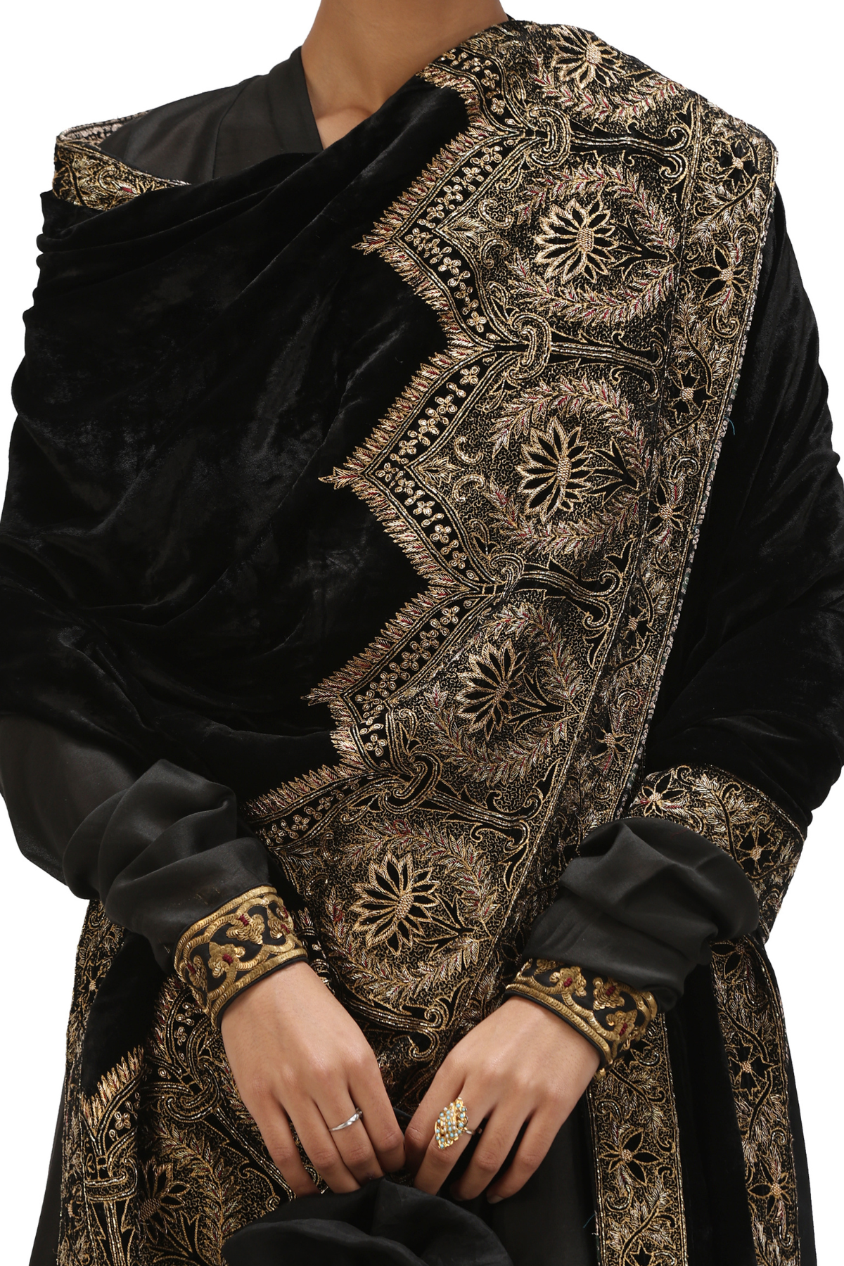 Harkiran black silk velvet dupatta with gold tilla embroidery by Mimamsaa, draped over the shoulder