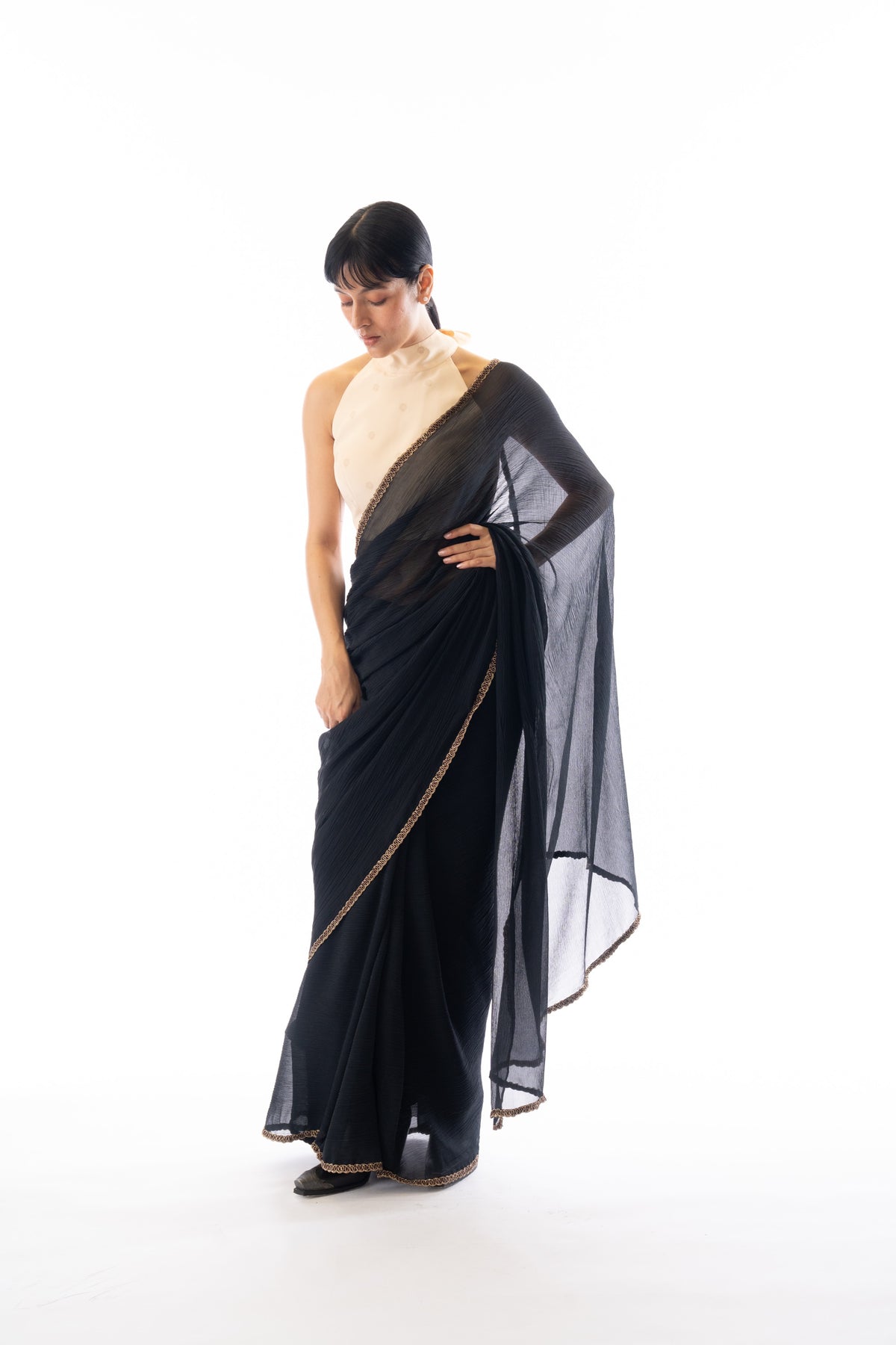 Black Chiffon Gold Trim Saree