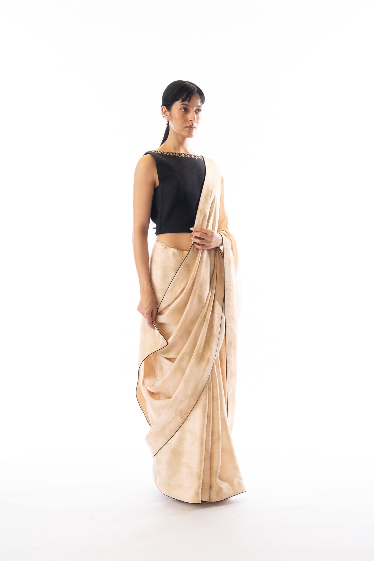 Ivory Printed Contrast Border Saree