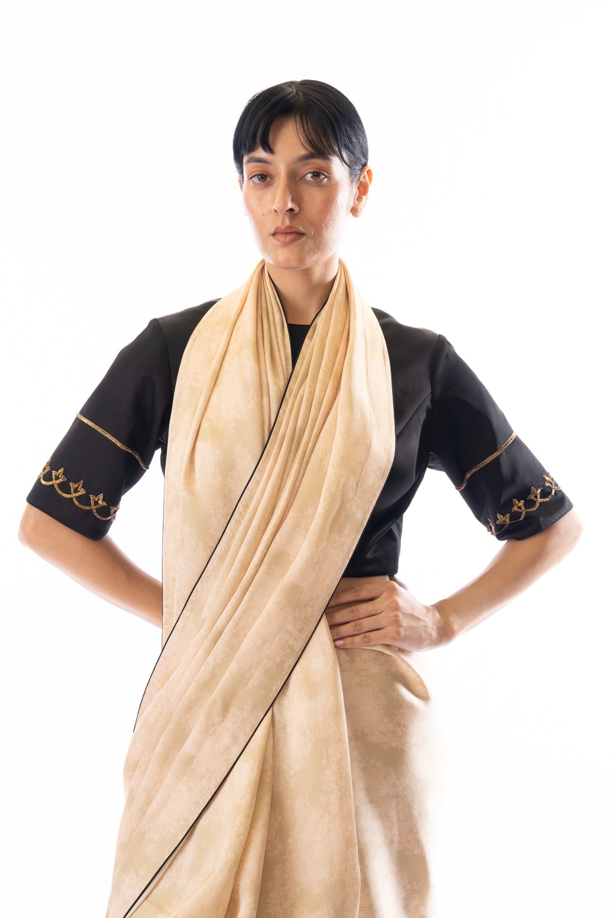 Ivory Printed Contrast Border Saree