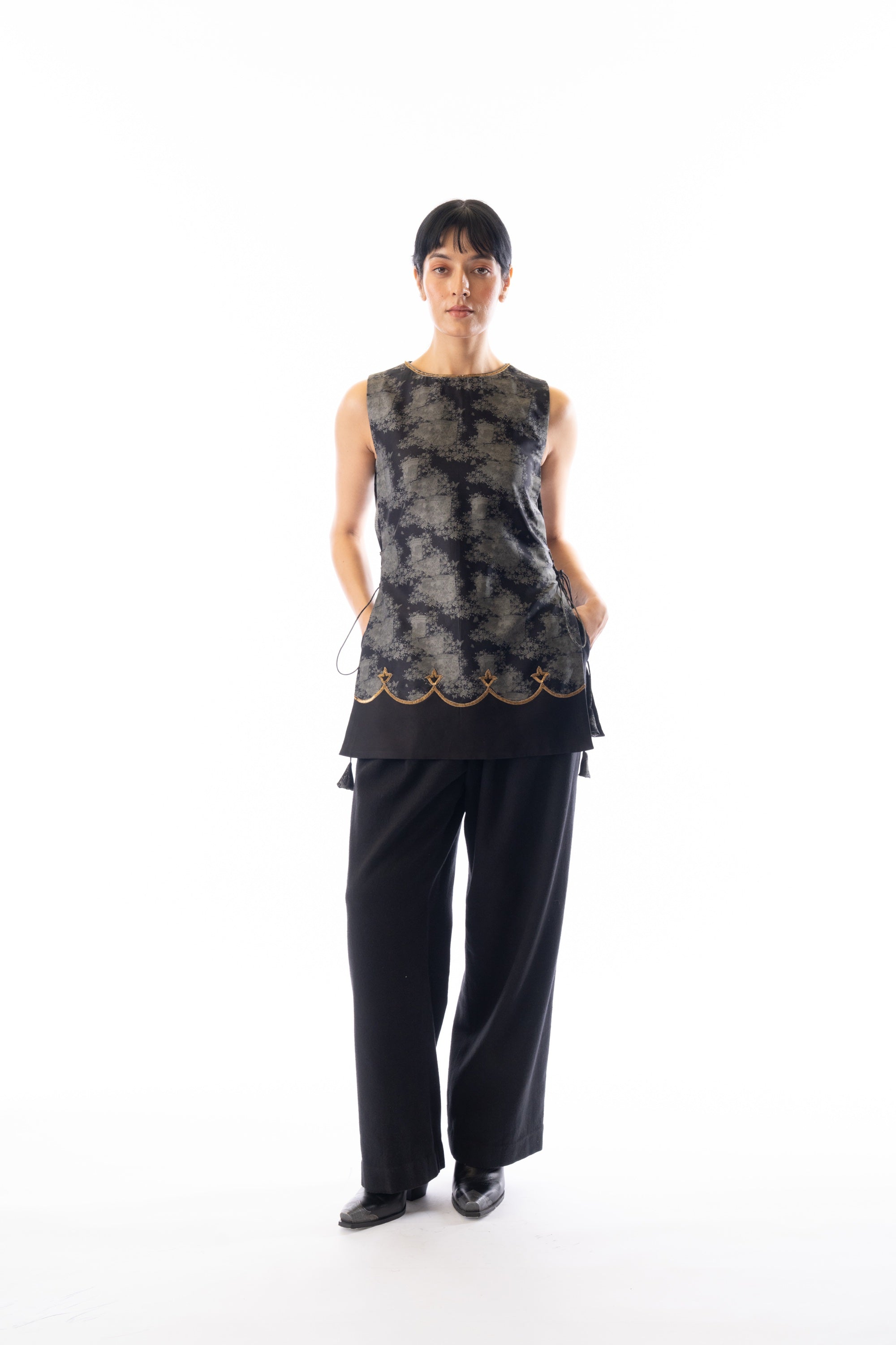 Charcoal printed antique embroidered shirt