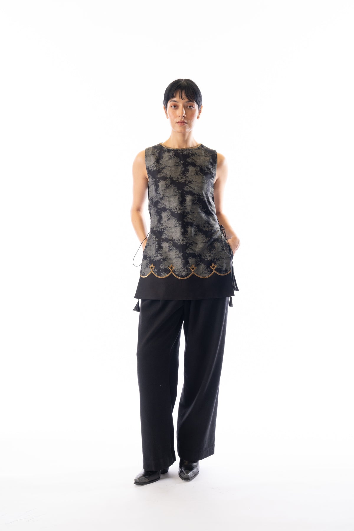 Charcoal printed antique embroidered shirt