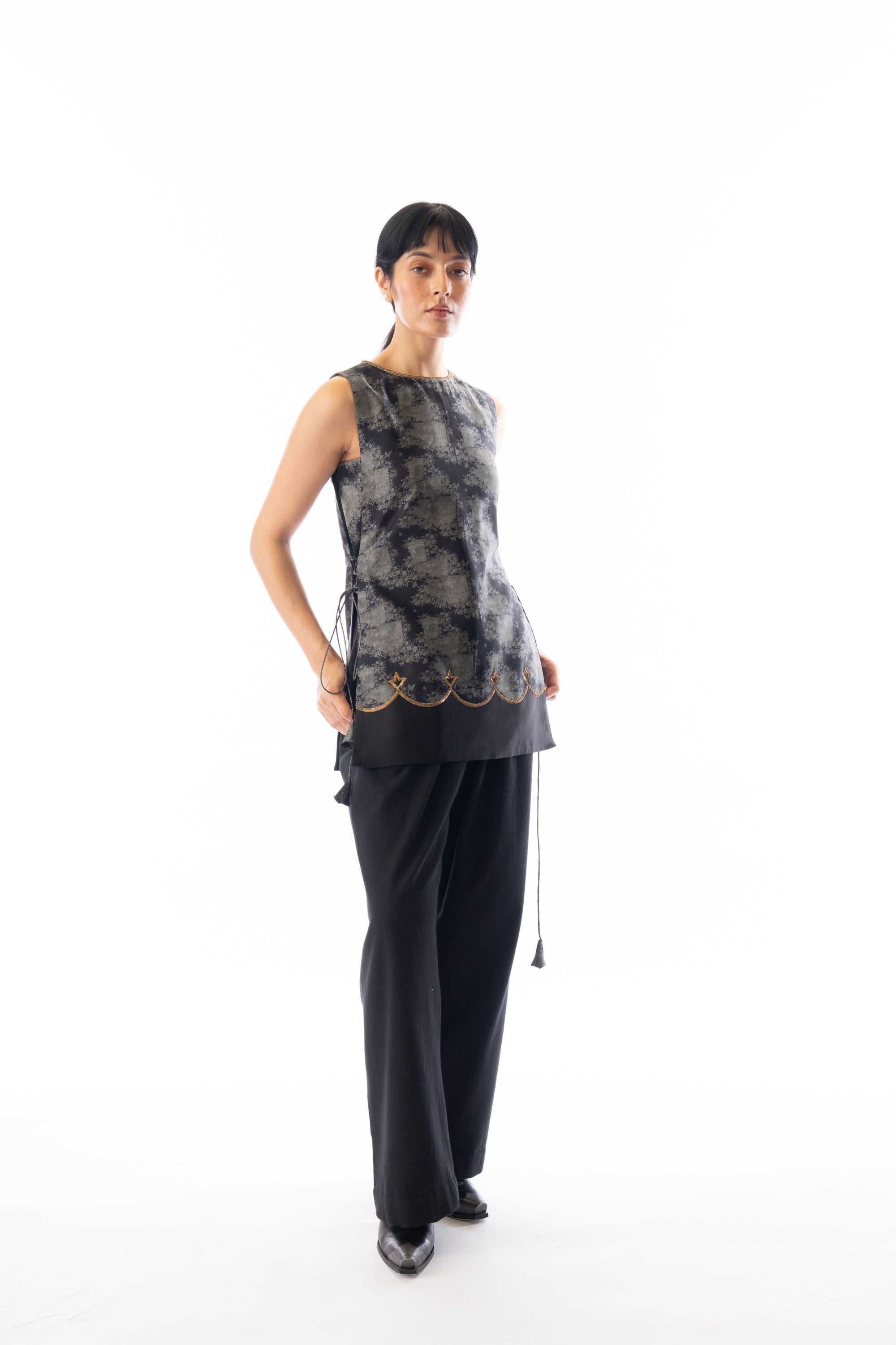 Charcoal printed antique embroidered shirt