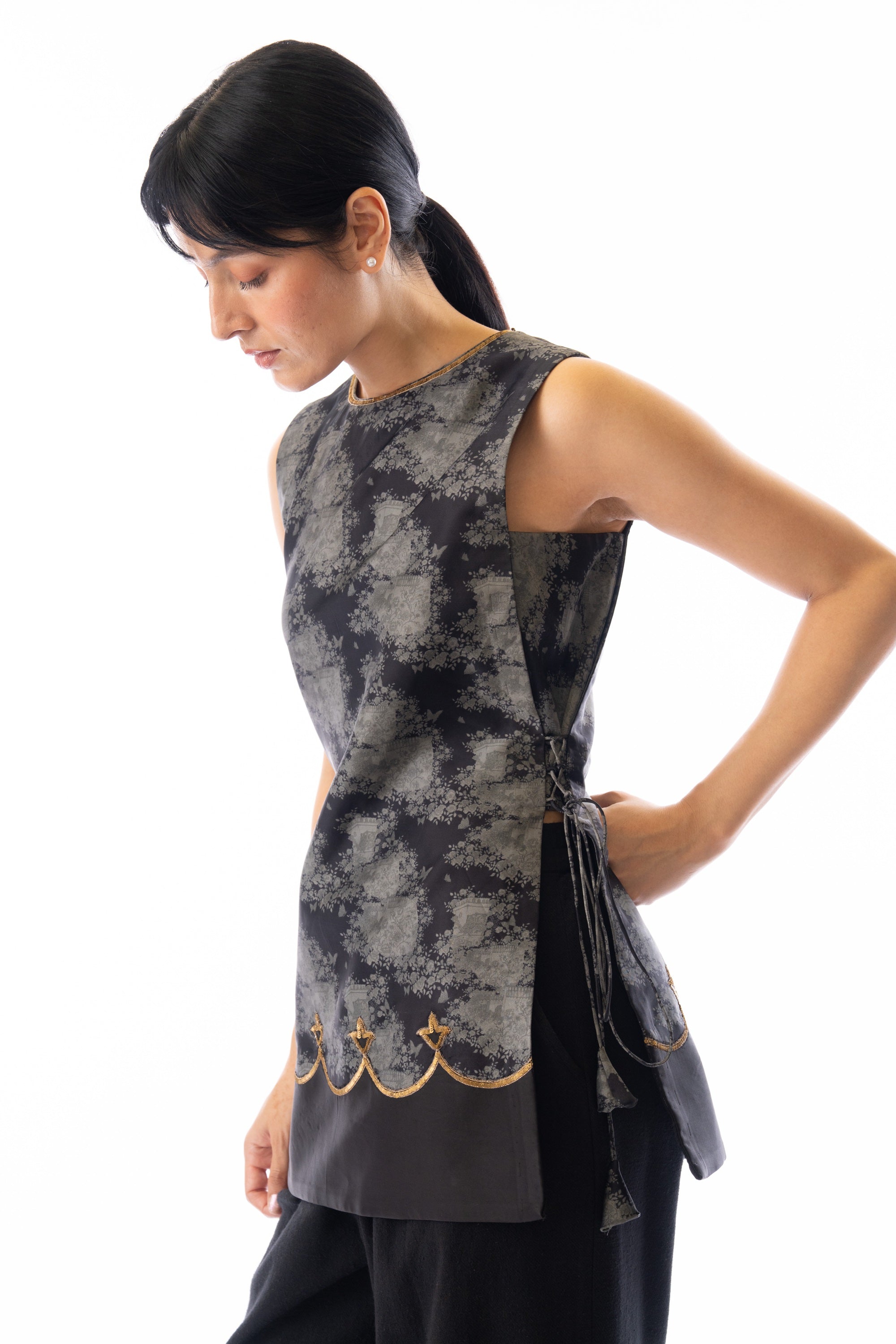 Charcoal printed antique embroidered shirt