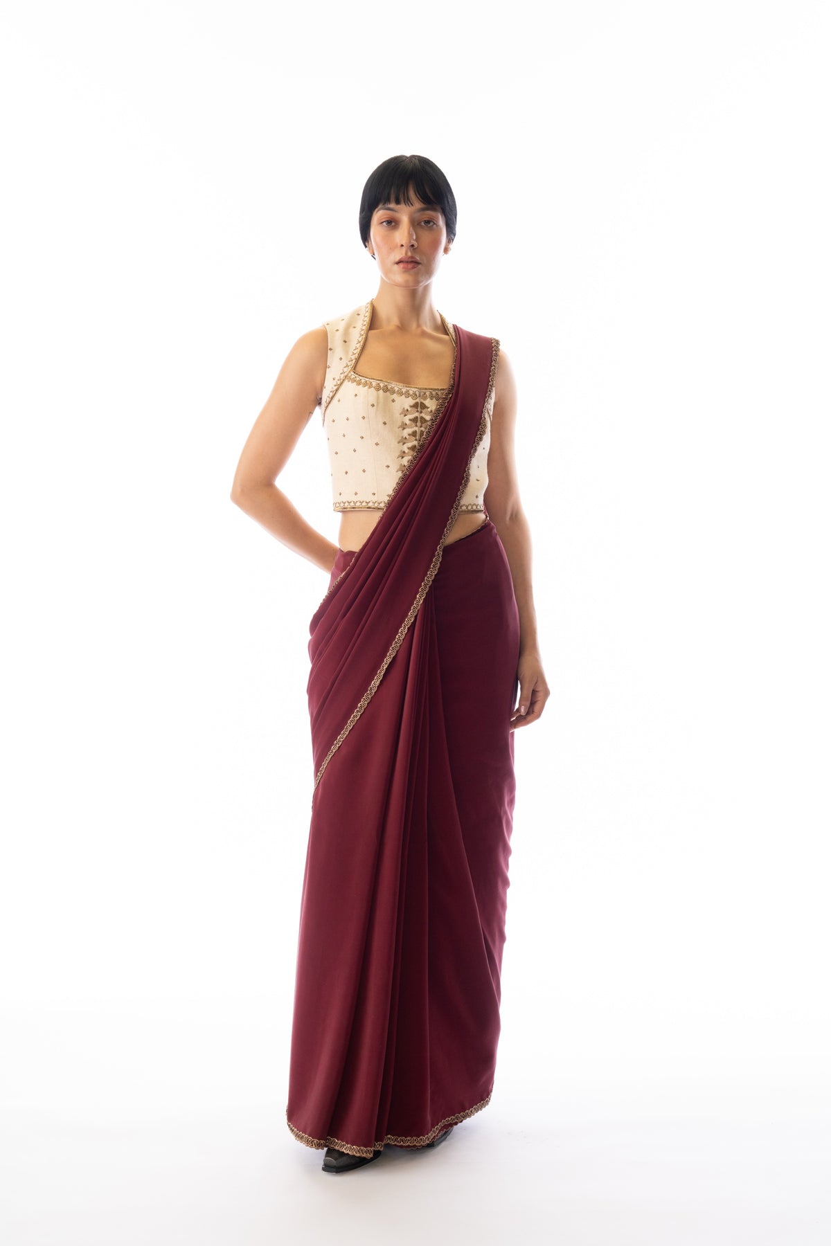 Garnet flowy crepe embroidered sari