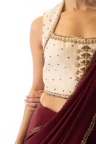 Garnet flowy crepe embroidered sari