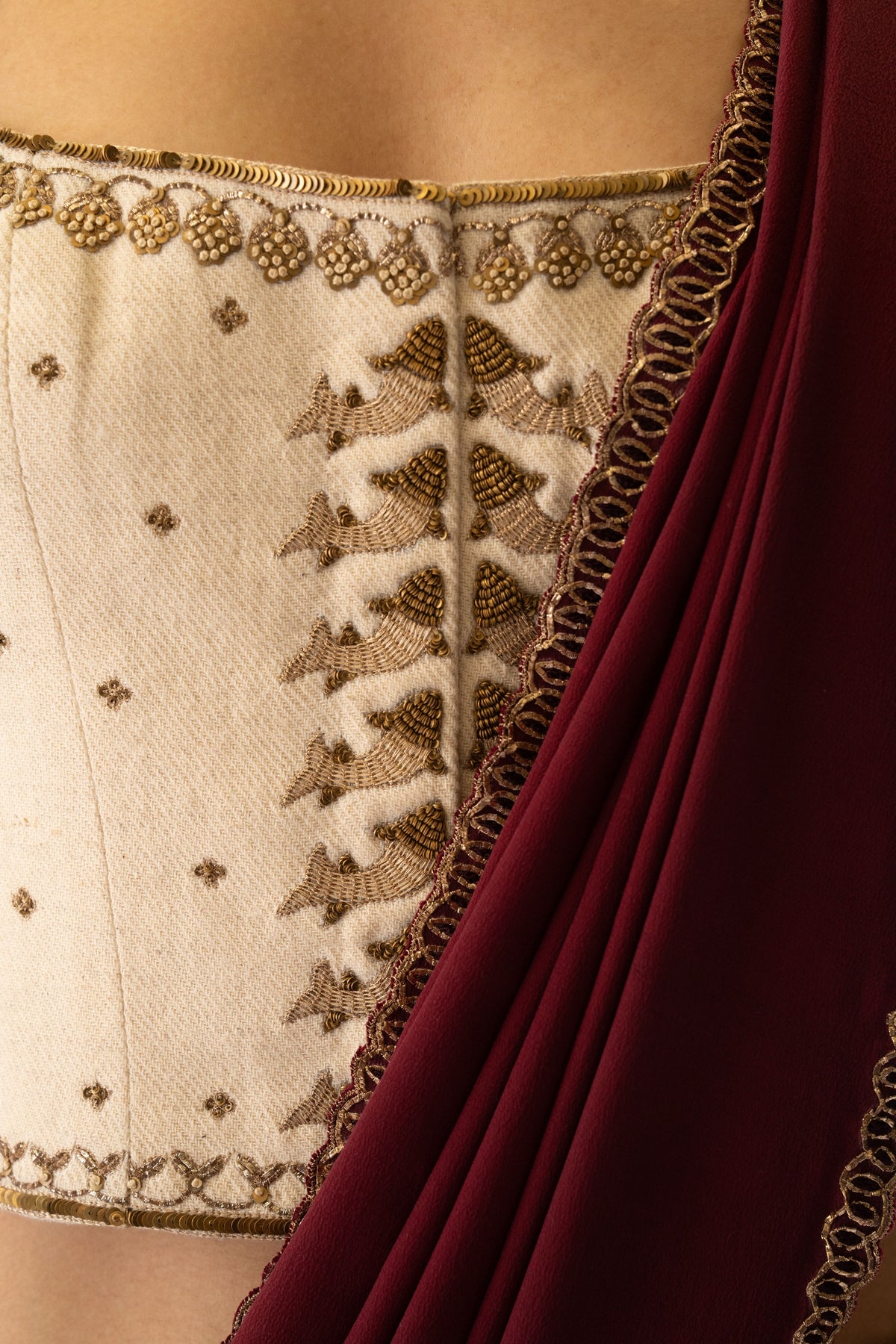 Garnet flowy crepe embroidered sari