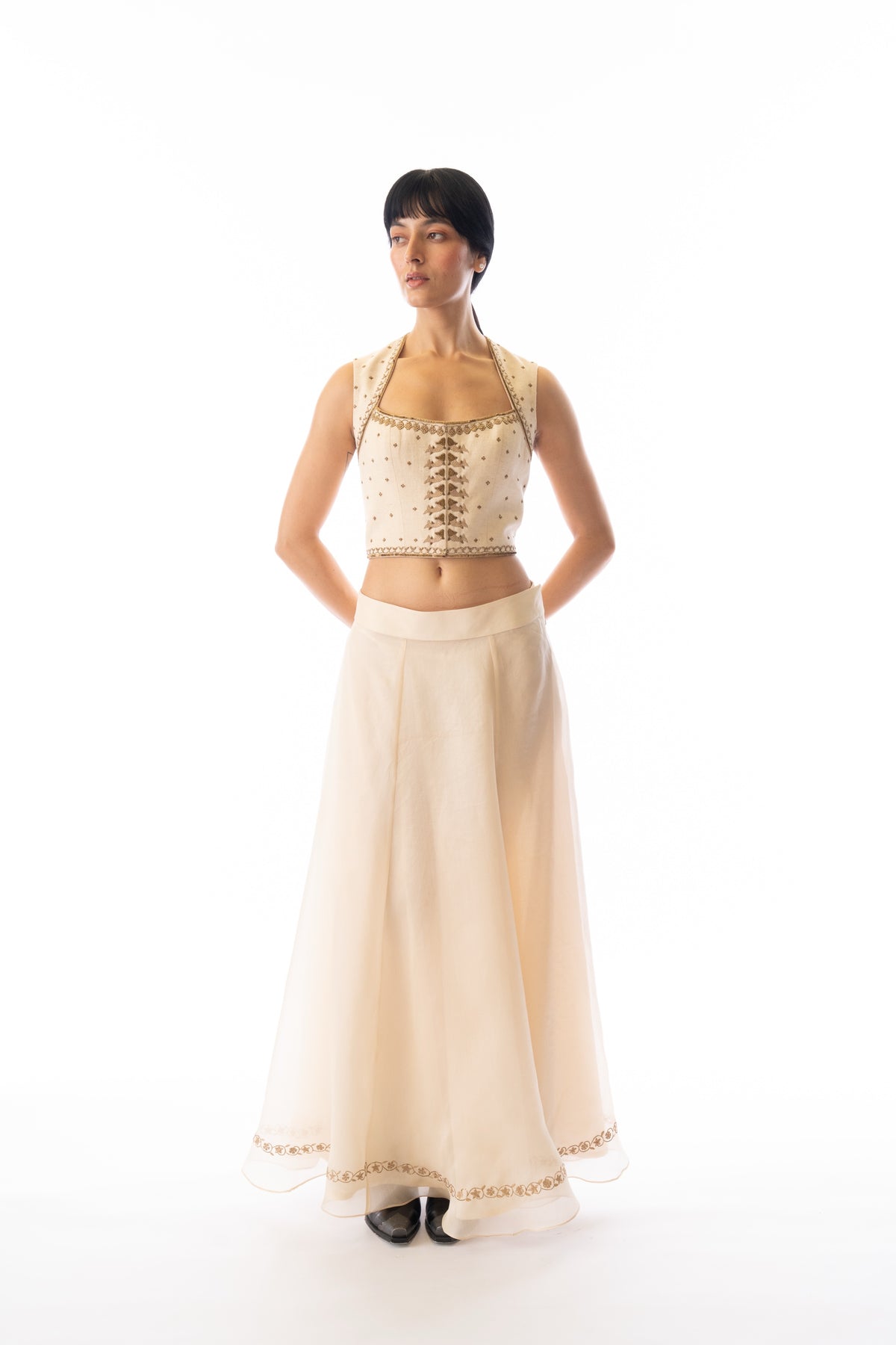 Ivory organza unstructured embroidered maxi skirt