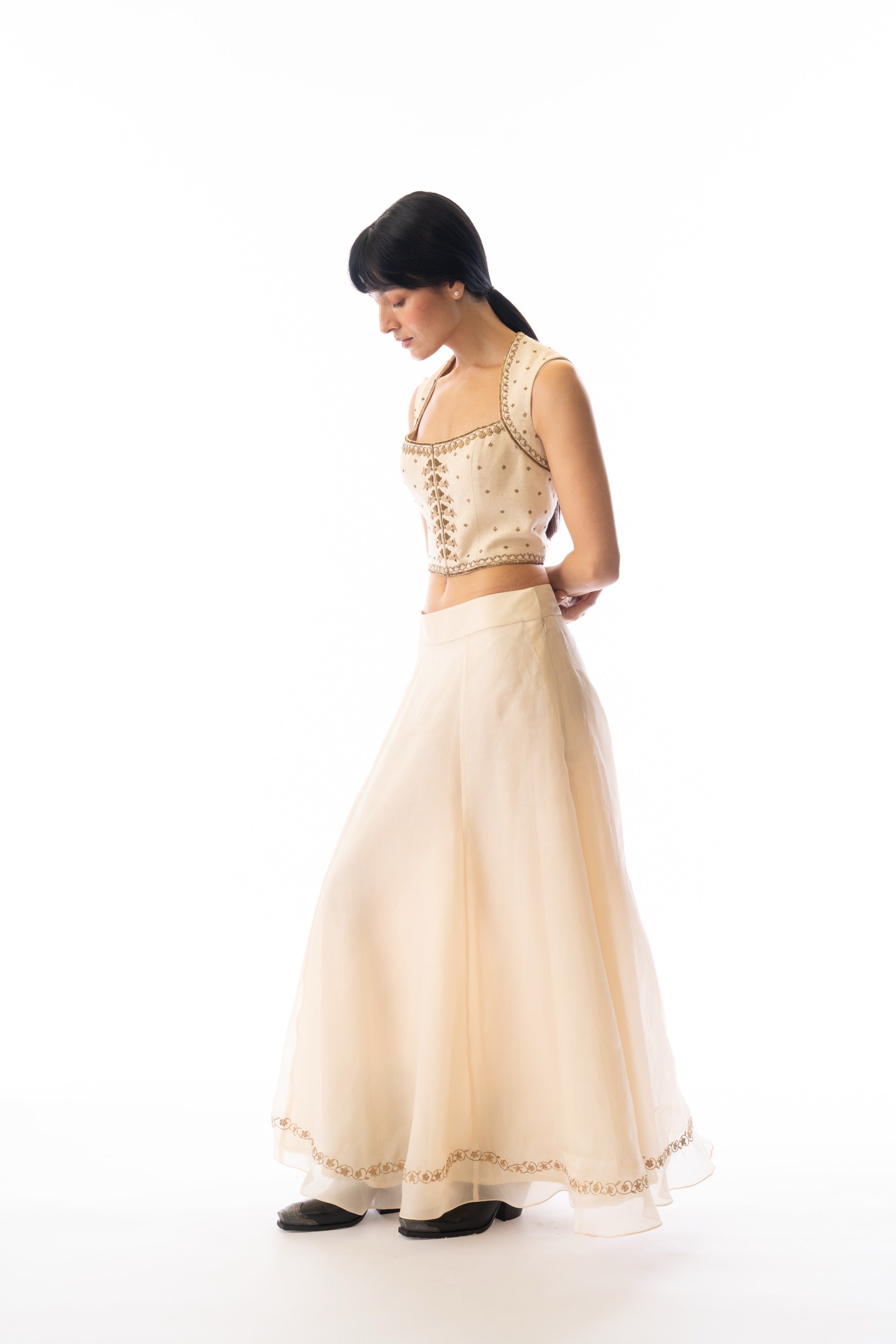 Ivory organza unstructured embroidered maxi skirt